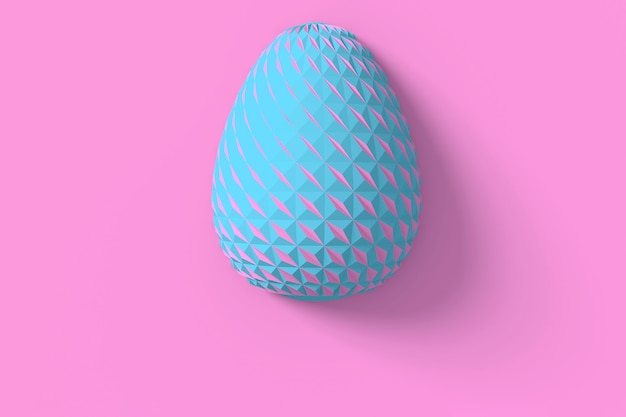 Concepto de pascua. Un solo huevo azul con patrones cambiantes tallados originales geométricos en la superficie sobre un fondo rosa. Ilustración 3d