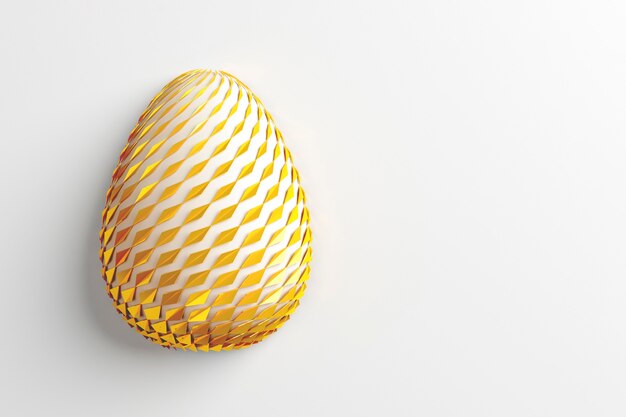 Concepto de pascua. Un solo huevo de oro blanco con patrones geométricos cambiantes originales en la superficie sobre un fondo blanco. Ilustración 3d