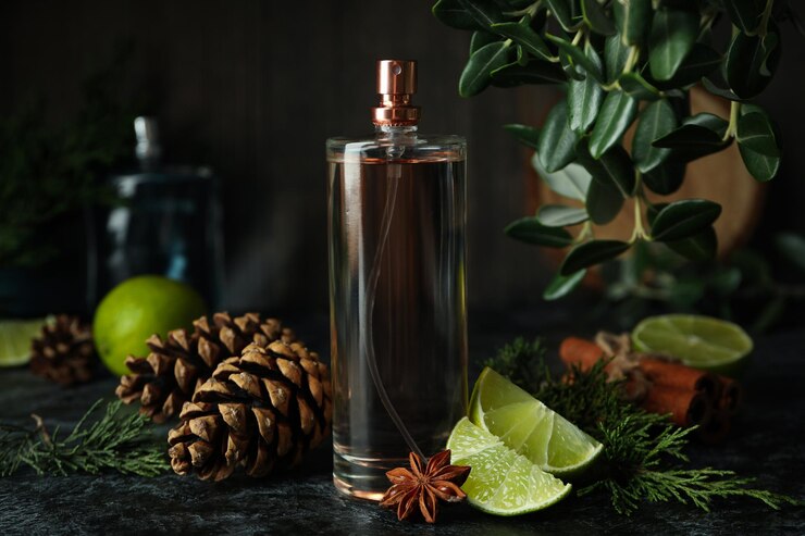 Foto concepto de perfume natural en mesa negra ahumada