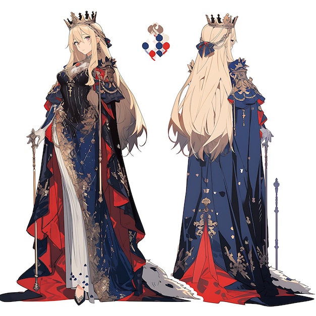 Concepto de personaje de anime Mujer alta con un vestido real y corona arte de hoja de estilo reina medieval