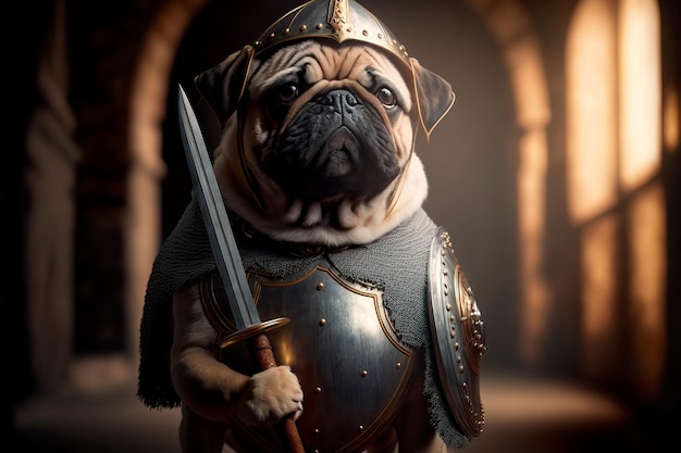 Concepto de personaje de perro con escudo y espada en la antigüedad IA generativa