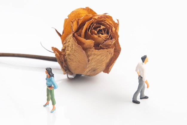 Concepto de personas en miniatura de personas de familia en relaciones de fondo blanco el problema de la fidelidad en el matrimonio divorcio entre marido y mujer