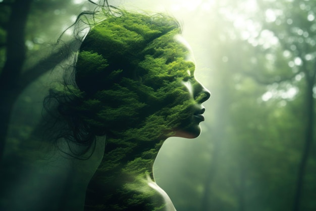 Concepto de personas y naturaleza Retrato de doble exposición de mujer con bosque verde obra de arte creativa