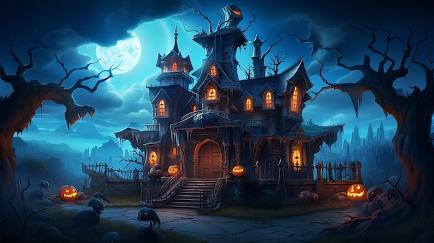 Concepto de pintura artística de fondo de Halloween con calabaza en un cementerio espeluznante por la noche