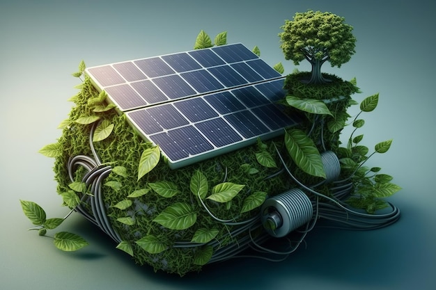 Concepto de planeta de ahorro de energía verde respetuoso con el medio ambiente Plantas de árboles de paneles solares en modelo de fondo Ilustración creativa de IA generativa