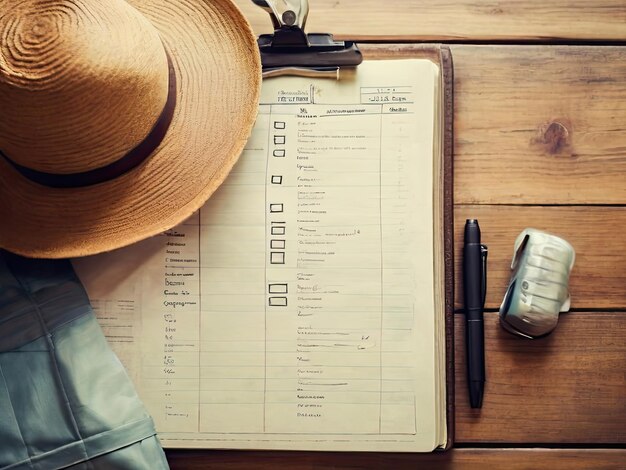 Foto concepto de planificación de viajes con bolígrafo de pasaporte de sombrero y cuaderno sobre mesa de madera