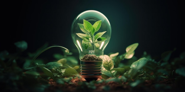 Concepto de planta de energía ecológica que crece en bombilla de energía renovable sostenible innovación ecológica generativa