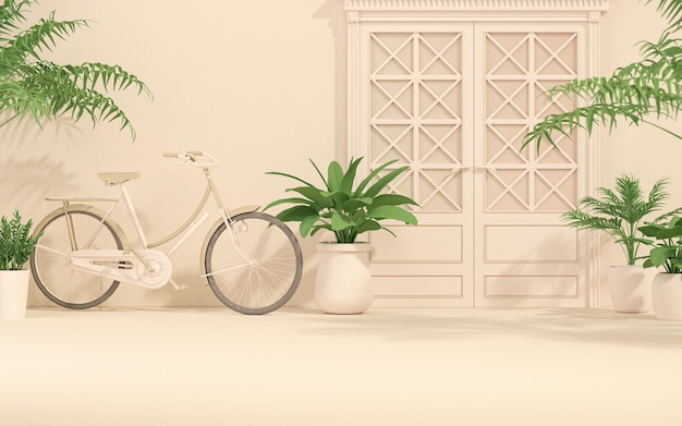 Concepto de planta de puerta y bicicleta con sombra de parasol en color beige pastel monocromático 3D Render