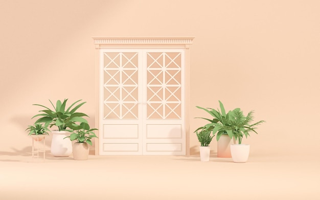 Concepto de planta de puerta y silla con sombra de sombrilla en color rosa coral monocromo 3D Render