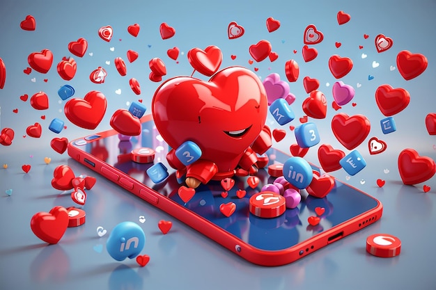 El concepto de plataforma de redes sociales en línea 3D la comunicación social en línea en aplicaciones teléfono móvil con corazón y amor icono emoji como y jugar en burbuja roja 3D iconos 3D concepto de renderización vectorial