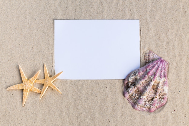 Concepto de playa de vacaciones con conchas, estrellas de mar y una postal en blanco