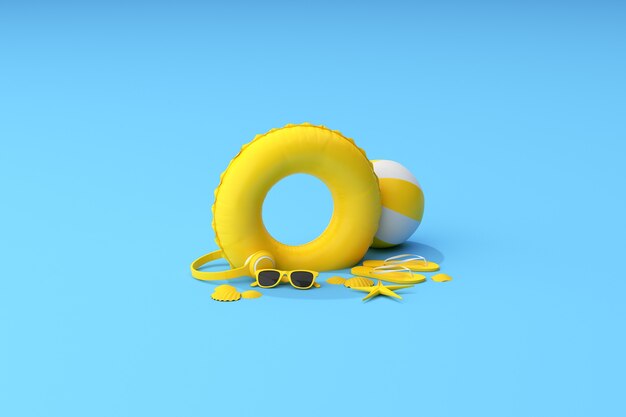 concepto de playa de verano amarillo. Accesorios de verano, auriculares, gafas de sol, estrella de mar, concha, anilla hinchable y chanclas. Representación 3D.