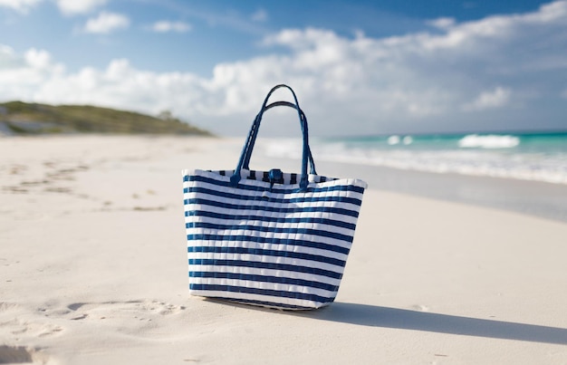 concepto de playa, verano, vacaciones y accesorios - primer plano de la bolsa de playa en la playa