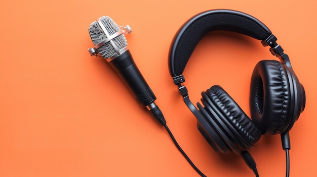 Un concepto de podcasting se representa desde una vista directamente por encima que muestra auriculares