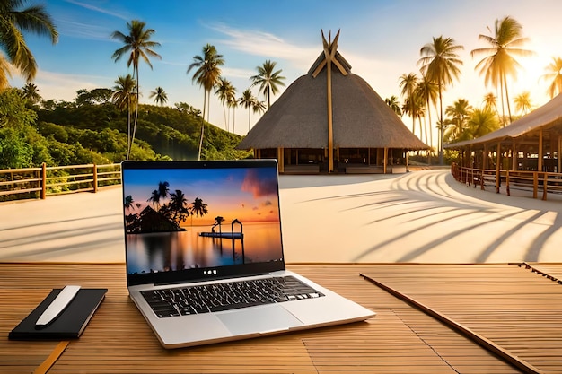 El concepto de portátil nómada digital en una remota isla tropical
