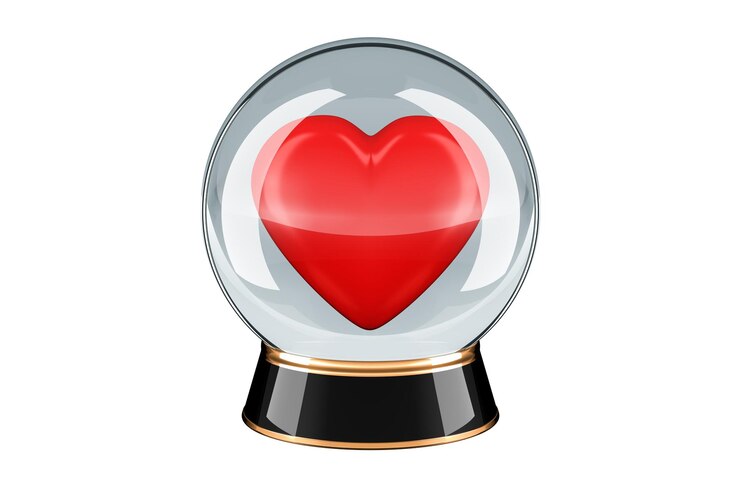 Foto concepto de predicción de amor futuro bola de cristal con representación 3d de corazón rojo de fútbol