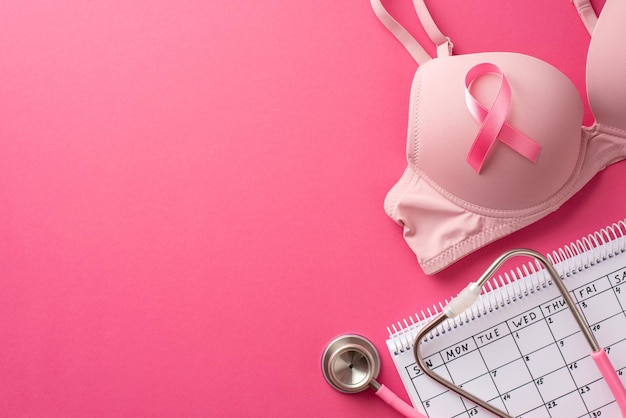 Concepto de prevención del cáncer de mama Foto de la vista superior de la cinta rosada unida al calendario de sostén y al estetoscopio en un fondo rosado aislado con espacio de copia