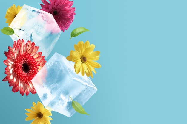 Concepto de primavera. Composición creativa de flores que caen y cubitos de hielo sobre un fondo azul.