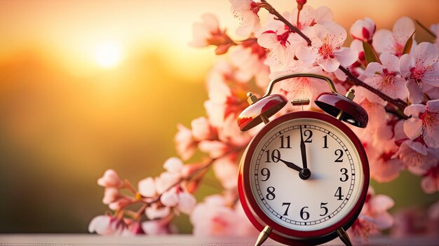 Concepto de primavera con un despertador contra un árbol en flor que simboliza la renovación