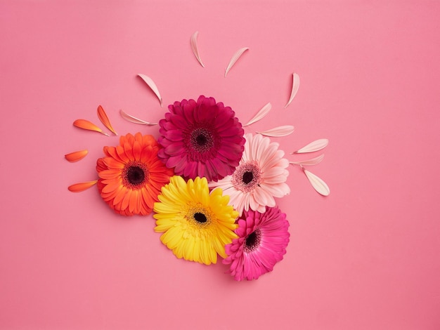 Concepto de primavera Vista superior del ramo floral con cinco flores cada una de un color amarillo naranja rosa fucsia y burdeos sobre fondo rosa y algunos pétalos separados Espacio de copia de vista superior de diseño plano