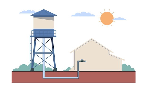 Concepto de principio de funcionamiento de la torre de agua Construcción industrial de almacenamiento de suministro con depósito de tanque Paisaje agrícola Ilustración de construcción de torre de agua de vector aislado plano
