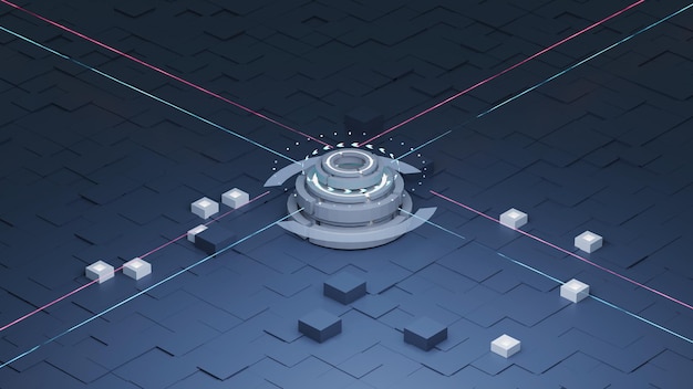 Concepto de procesador de computación cuántica robótica de tecnología SCIFI para ingeniería de tecnología empresarial e innovaciones diseño escena fondo renderizado 3D