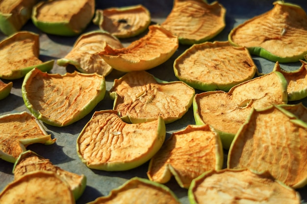 concepto de producción de frutos secos de manzana. secado de rodajas de manzana