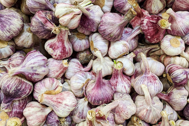 Concepto de productos naturales y alimentación saludable. Ajos tiernos en caja, fondo. Variedad de ajo fresco cultivado en la tienda.