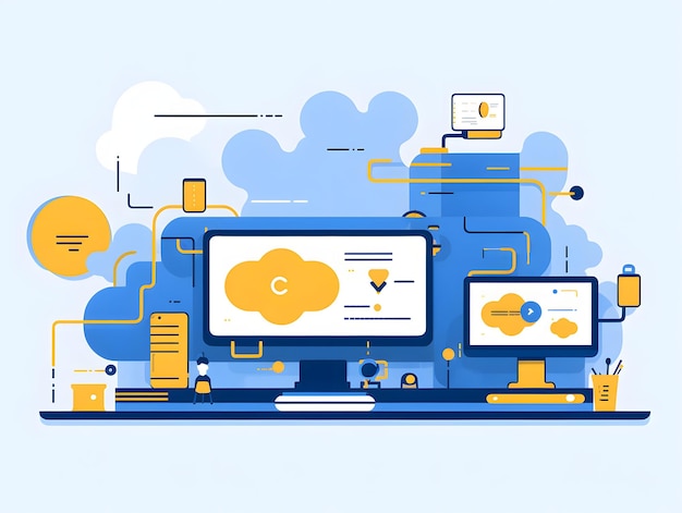 concepto de programación al estilo de ilustraciones gráficas amarillas y azules