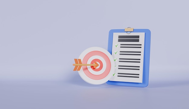 Concepto de programación de planificación de logros de objetivos en 3D Lista de comprobación en un portapapeles con icono de objetivo