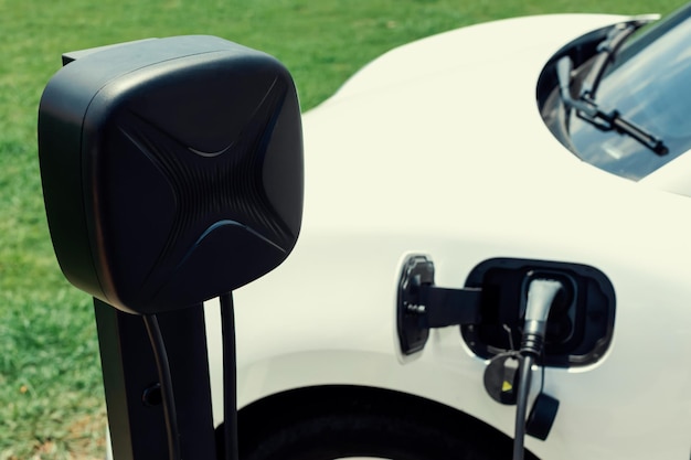 Foto concepto progresivo de coche ev con punto de carga en un paisaje natural de campo verde