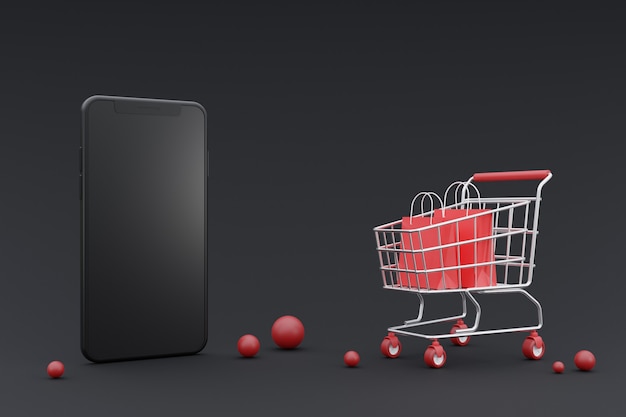 Concepto de promoción de compras en línea 3D con maqueta de teléfono inteligente. Sobre fondo oscuro. Representación 3D.