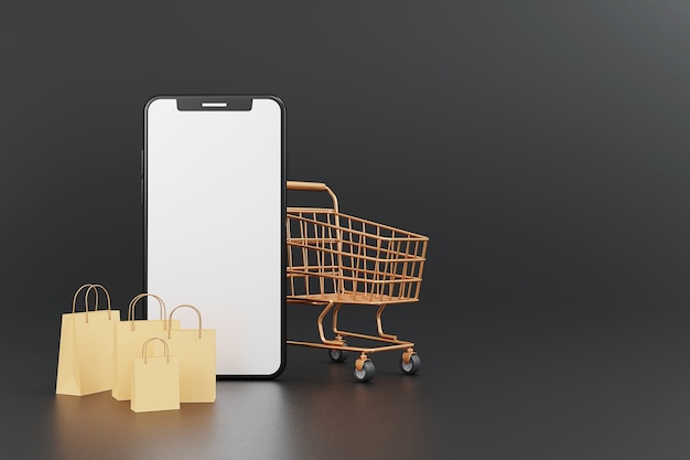 Concepto de promoción de compras en línea 3D con maqueta de teléfono inteligente. Sobre fondo oscuro. Representación 3D.