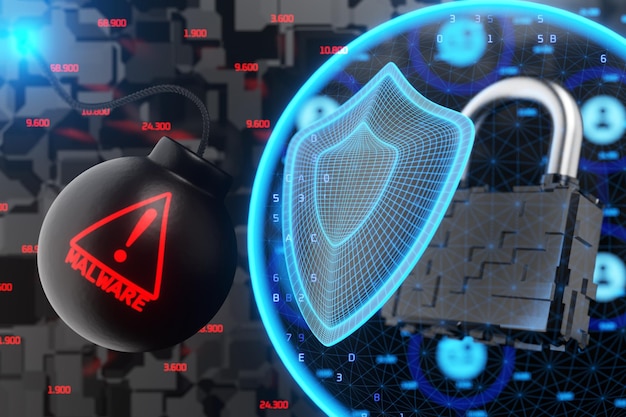 Concepto de protección contra ataques de virus Protección contra malware y ataques DDoS renderización en 3D