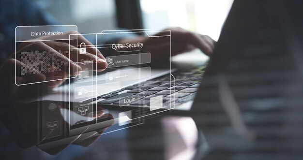 Concepto de protección de datos de ciberseguridad Seguridad de la privacidad del usuario y cifrado de datos Acceso seguro a Internet Tecnología de redes de seguridad cibernética y cibernética Cerradura de pantalla digital