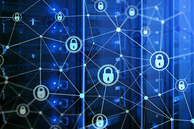 Concepto de protección de datos de privacidad de información de seguridad cibernética en el fondo de la sala de servidores moderna Concepto de Internet y tecnología digital