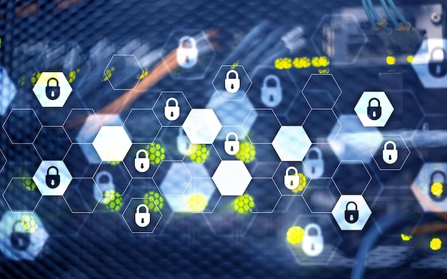 Concepto de protección de datos de seguridad digital de sala de rack de servidores