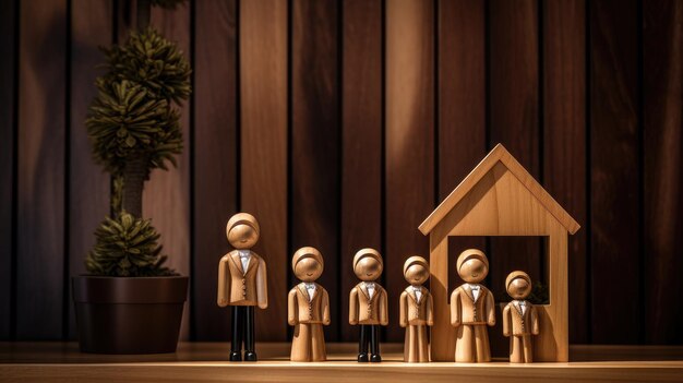 Foto concepto de protección de la familia con una familia de muñecas de madera