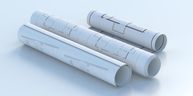 Concepto de proyecto de construcción Rollos de planos de arquitectura sobre fondo de color blanco Ilustración 3d