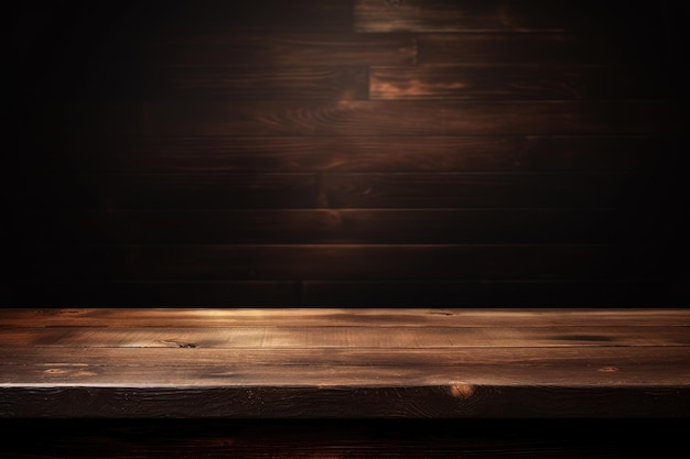 Concepto publicitario Cuarto oscuro con mesa de madera.