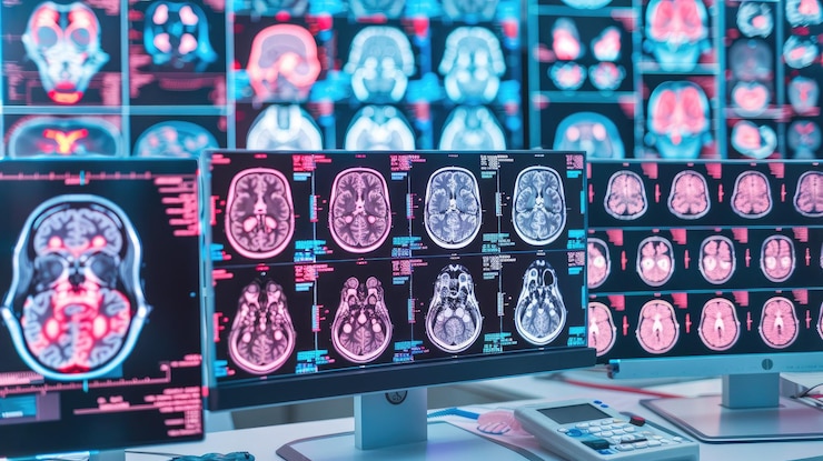 concepto de realidad aumentada muchas pantallas rayos X MRI análisis de escaneo azul rosa ciencia de la medicina centro de investigación moderna
