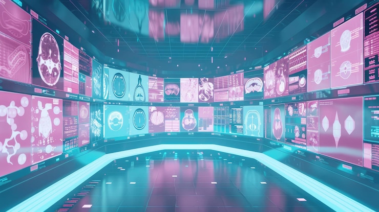 concepto de realidad aumentada muchas pantallas rayos X MRI análisis de escaneo azul rosa ciencia de la medicina centro de investigación moderna
