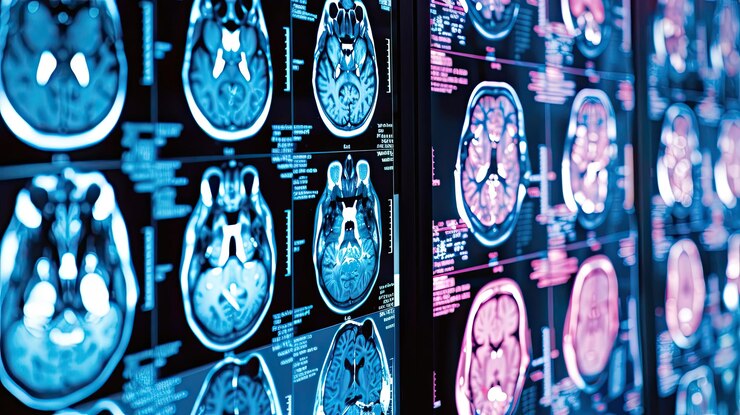 concepto de realidad aumentada muchas pantallas rayos X MRI análisis de escaneo azul rosa ciencia de la medicina centro de investigación moderna