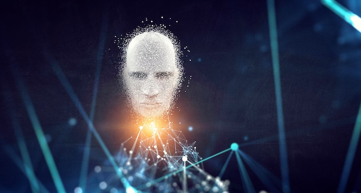 Foto concepto de realidad virtual e inteligencia artificial. técnica mixta