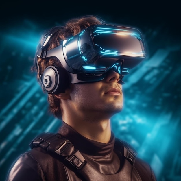 Concepto de realidad virtual futurista hombre futurista en gafas VR con ilustración 3d