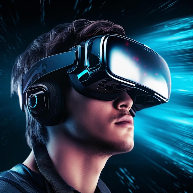 Concepto de realidad virtual futurista hombre futurista en gafas VR con ilustración 3d