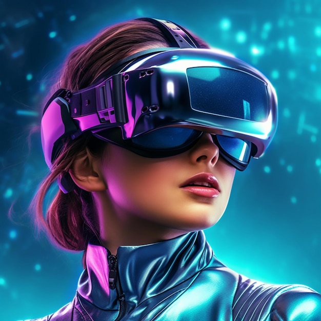 Concepto de realidad virtual futurista mujer futurista en gafas VR con ilustración 3d