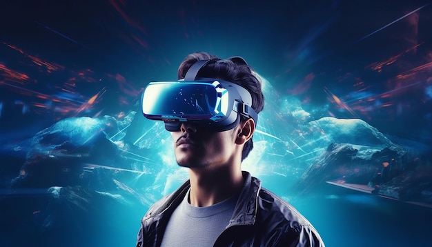 Concepto de realidad virtual futurista Tecnologías VR y AR Un hombre con gafas con ilustración 3d