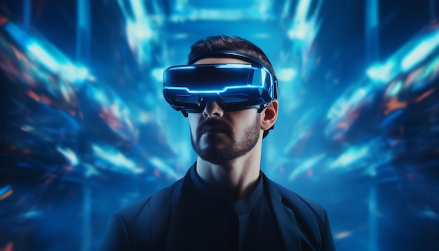 Concepto de realidad virtual futurista Tecnologías VR y AR Un hombre con gafas con ilustración 3d