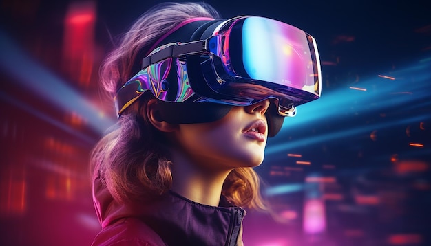 Concepto de realidad virtual futurista tecnologías vr y ar una mujer con gafas con ilustración 3d